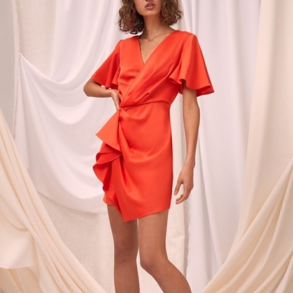 C/MEO COLLECTIVE No Less Mini Dress Faux Wrap Red Dress in Morange